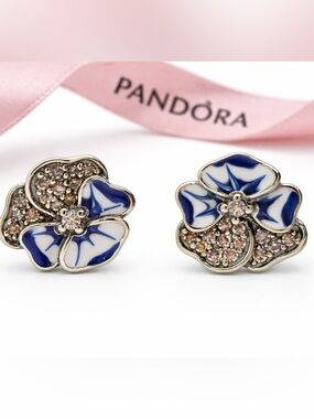 Pandora Blue Pansy Flower Stud Earrings